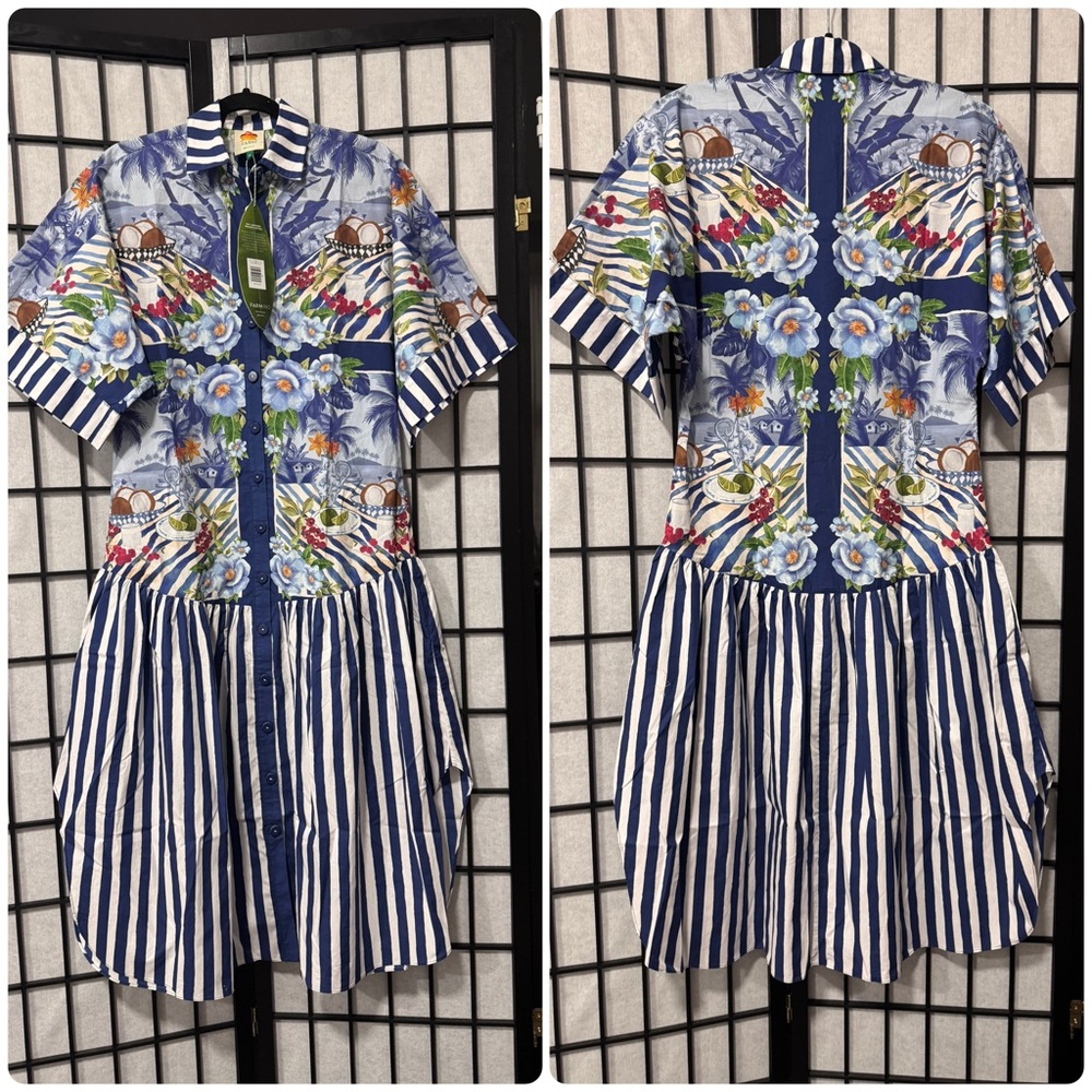 Farm Rio size XS Fresh Table Scarf Midi Dress Blue NWT No Belt - Picture 3 of 12